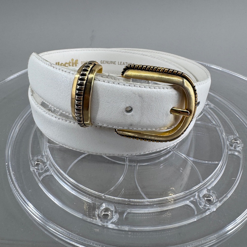 Collectif Womens White Genuine Leather Belt Gold Textured Buckle Size L 6919